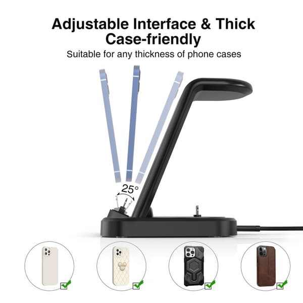 W-06 4-i-1 Laddare för iPhone 5-14, Hörlurar, Smartwatch - Svart