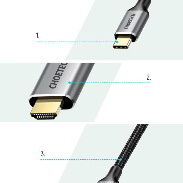 Choetech HUB USB-C-HDMI-kaapeli 2m - harmaa Grey