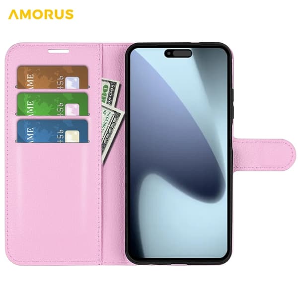AMORUS iPhone 17 Konstläder Plånboksfodral Flipstativ Litchi - Rosa Rosa