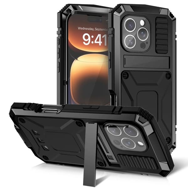 R-JUST Mobilskal till iPhone 16 Pro Max PC+Silicone+Metal Kickstand Svart