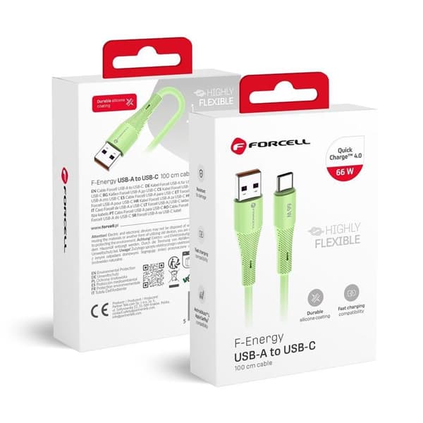 FORCELL USB-A till USB-C 66W Kabel 3A 1m QC4.0 Silikon C342 - Grön Grön