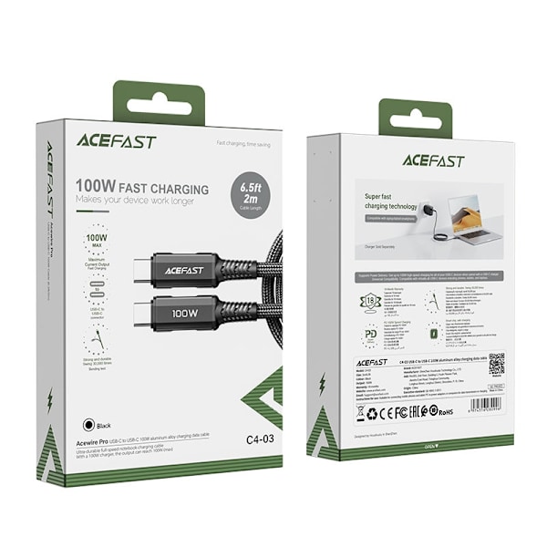 Acefast USB-C till USB-C kabel 100W 2m - Svart Svart