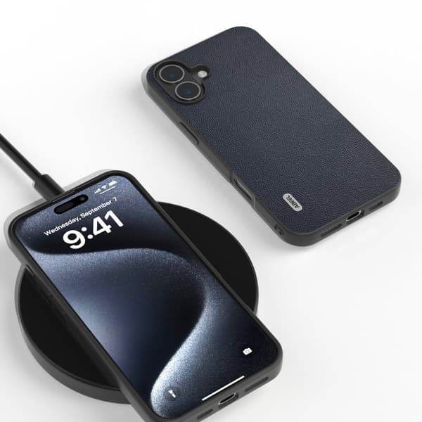 ABEEL Mobilskal till iPhone 16 Plus Äkta Läder Coated PC+TPU Blå