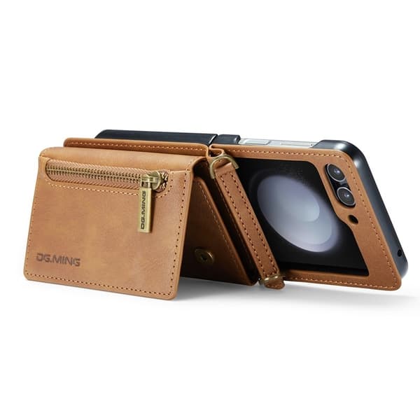 DG.MING Samsung Galaxy Z Flip5 Konstläder Plånboksfodral Kickstand Brun