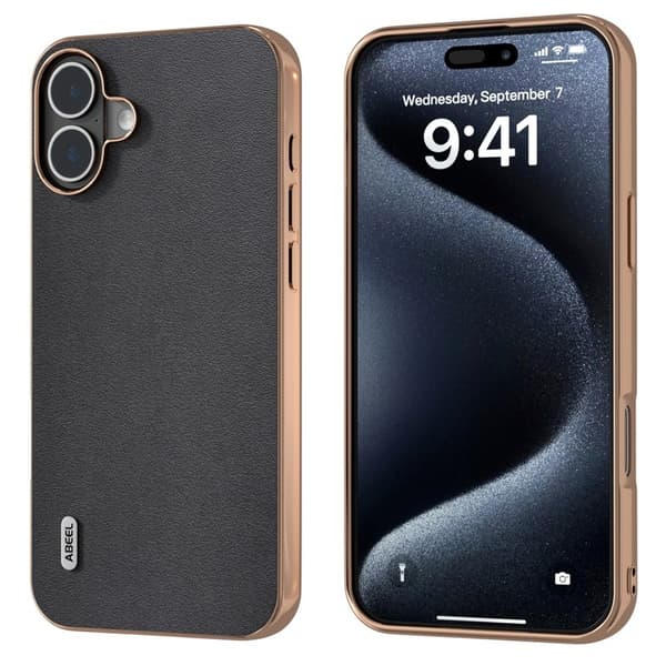 ABEEL Mobilskal till iPhone 16 Plus Electroplating Äkta Läder Svart