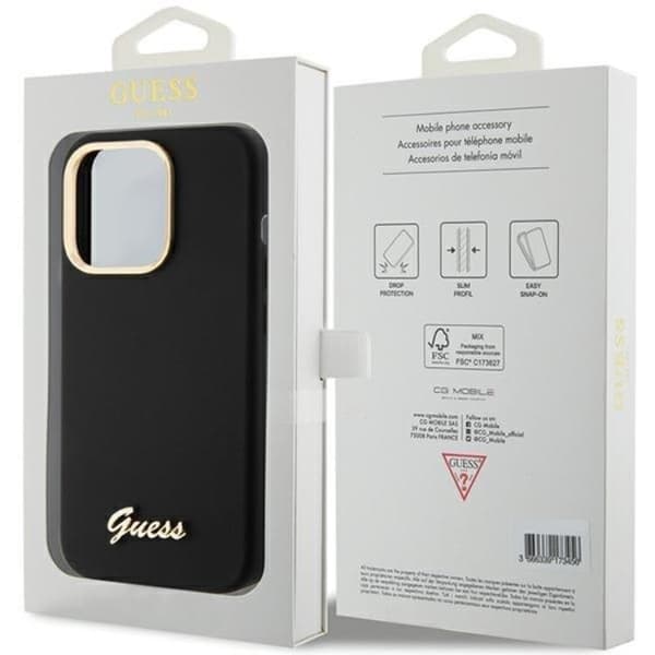 Guess Mobilskal till iPhone 15 Pro Max Silikon Script Metal Logo Svart