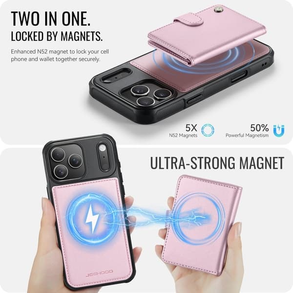 JEEHOOD J09 Mobilskal till iPhone 17 Pro RFID Låsfunktion Läder Rosa