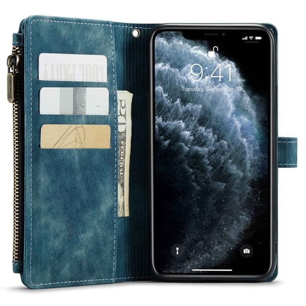 CASEME Konstläder Plånboksfodral för iPhone 11 Pro Max med rem - Blå