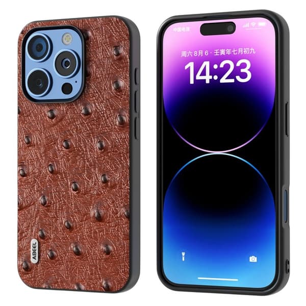 ABEEL Mobilskal till iPhone 16 Pro Max Äkta Läder Ostrich Textur Brun