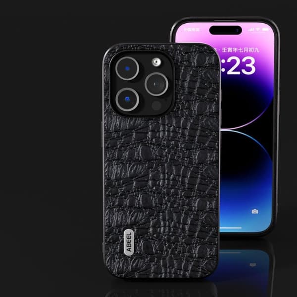 ABEEL Mobilskal till iPhone 15 Pro Impact-Resistent Äkta Läder Svart