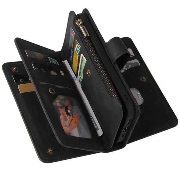 iPhone 17 Pro Konstläder Plånboksfodral Zipper Rem Svart
