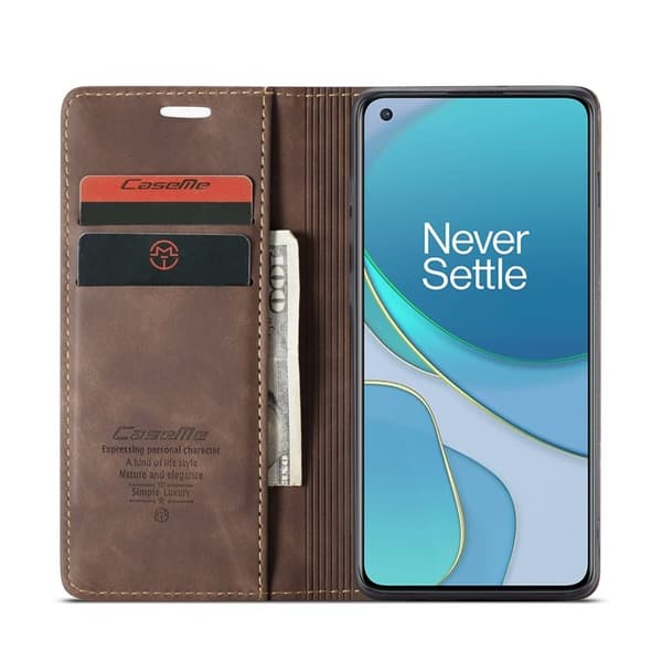 CASEME 013 Auto-absorberande Konstläderplånboksfodral OnePlus 8T - Brun