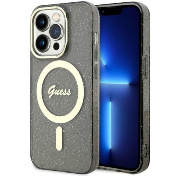 Guess iPhone 14 Pro Max Mobilcover MagSafe Glitter Guld - Sort