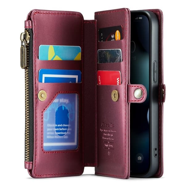 CASEME Plånboksfodral Konstläder för iPhone 13 Pro med kortfack - Vinröd