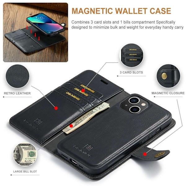 DG.MING iPhone 14 Plus Plånboksfodral Äkta läderMagnetisk Svart