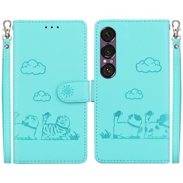 Sony Xperia 1 VII Konstläder Plånboksfodral RFID-Skydd Kattmotiv - Grön Grön