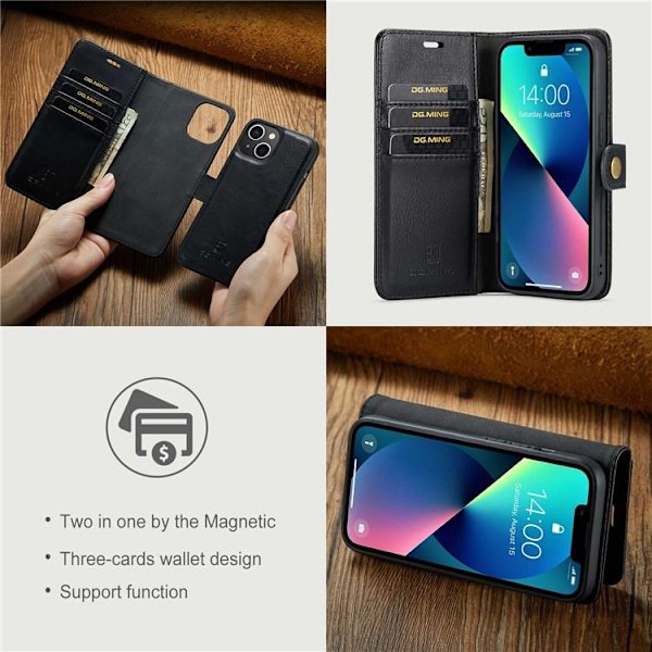 DG.MING iPhone 15 Plus Plånboksfodral Äkta Läder 2in1 - Svart Svart