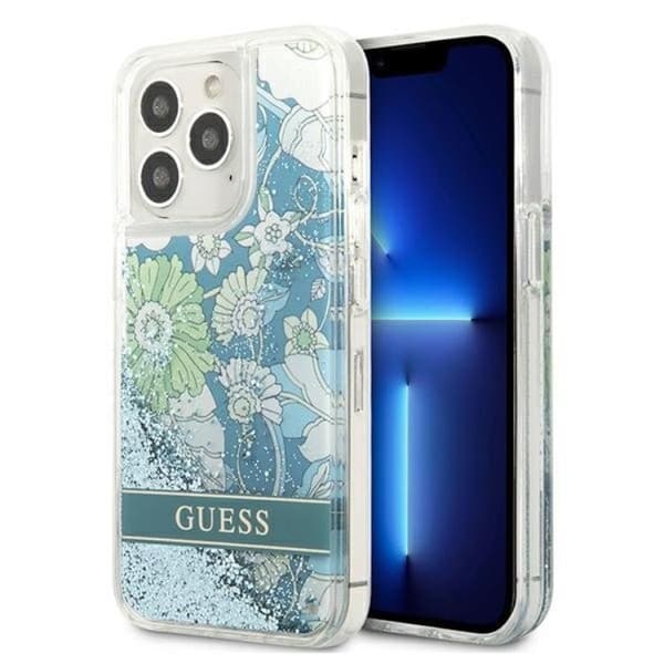 Guess iPhone 13 Pro Cover Flower Liquid Glitter - Grøn Grön