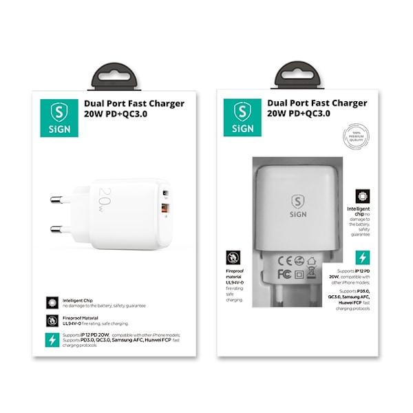 SiGN Snabbladdare USB & USB-C, PD 3.5A, 20W - Vit