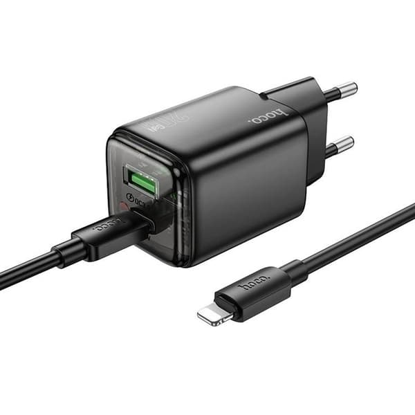 Hoco Hurtigoplader PD 20W USB-A USB-C QC3.0 3A med Lightning-kabel N52 - Sort Svart