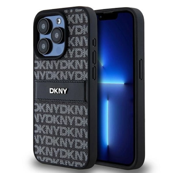 DKNY iPhone 14 Pro Mobilskal Läder Mono Stripe & Metal Logo Svart