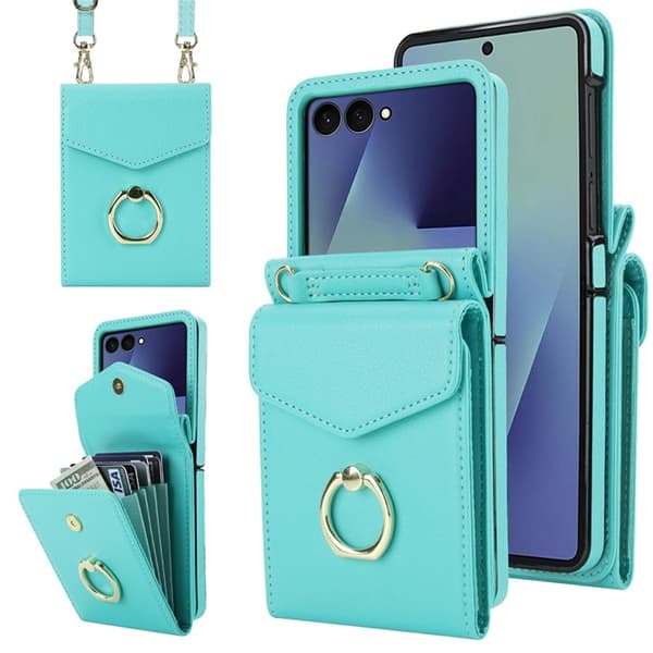 Galaxy Z Flip7 Plånboksfodral Litchi med Axelrem - Mintgrön Grön
