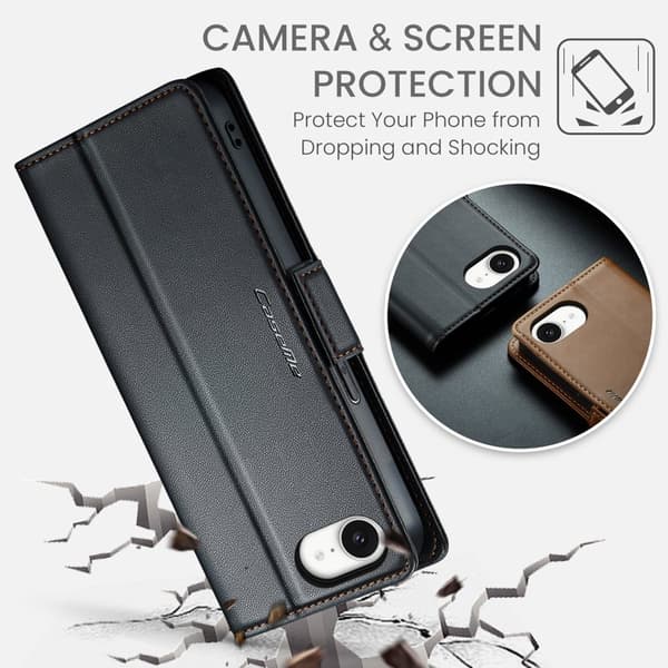 CASEME Plånboksfodral Konstläder för iPhone 16e RFID-Skydd Svart