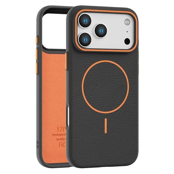 Mobilskal till iPhone 17 Pro Magsafe Litchi Pattern - Svart/Orange Svart