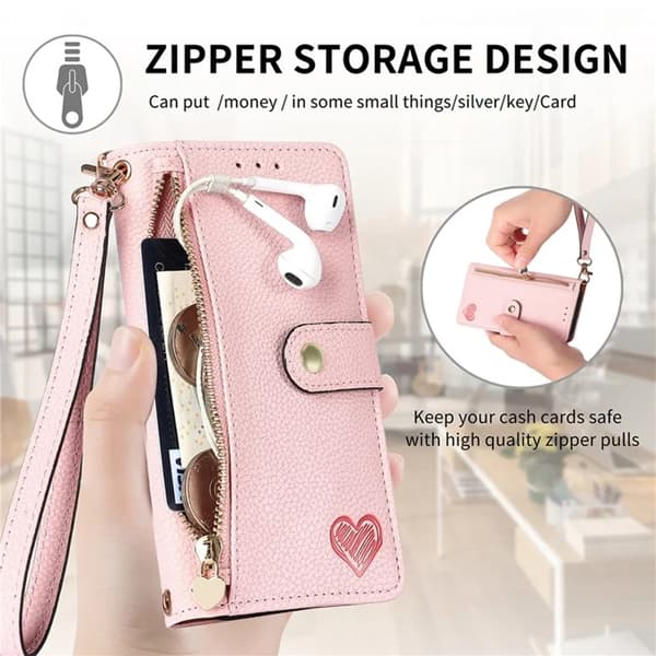 iPhone 17 Pro Max Konstläder Plånboksfodral RFID-Skydd Zipper med rem - Rosa Rosa