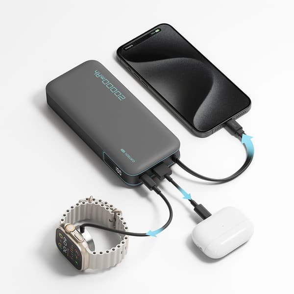 Cuktech Powerbank 20000 mAh 55W USB-C USB-A med Inbyggd Kabel - Grå Grå