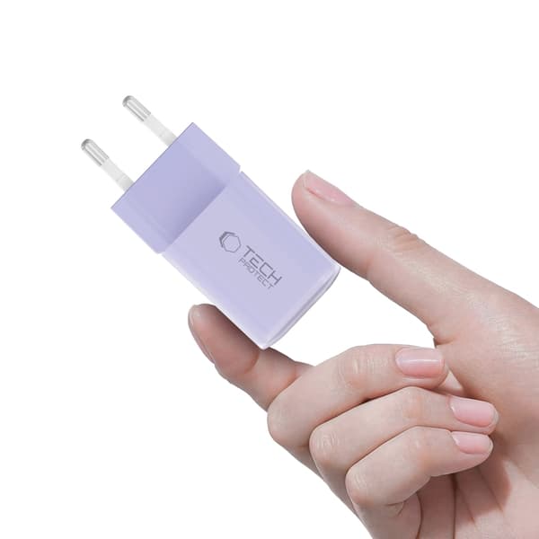 Tech-Protect Vægoplader USB-A Til USB-C 33W - Baby Lilla Svart