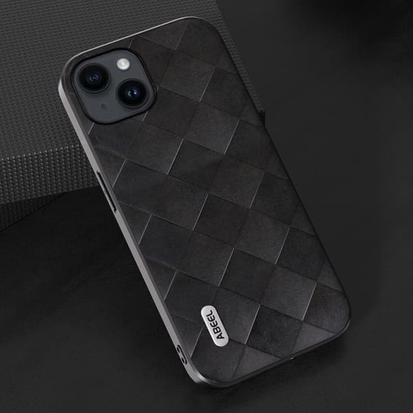 ABEEL Mobilskal till iPhone 15 Plus PU Läder Svart Grid Textur