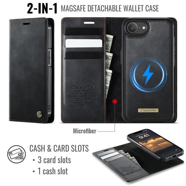 CASEME C49 Mobilskal till iPhone 16e MagSafe RFID Blocker Läder Svart