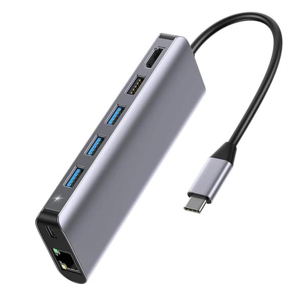 SiGN 7-i-1 USB-C-hub HDMI RJ45 USB-C, maks. 100W - Grå Grå