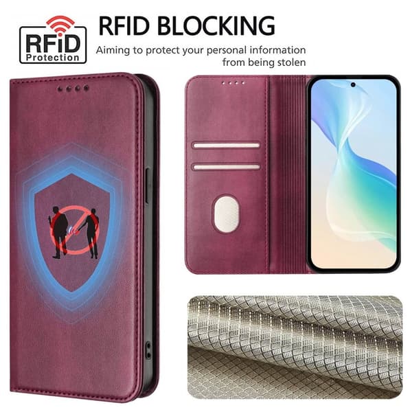 Samsung Galaxy S26+ Plånboksfodral Konstläder RFID Skydd - Vinröd
