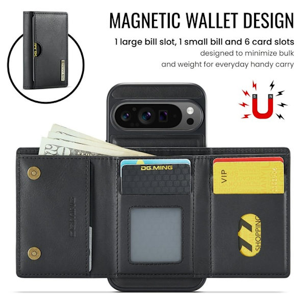 DG.MING M6 Series Konstläder Plånboksfodral för Google Pixel 9 Pro - Svart