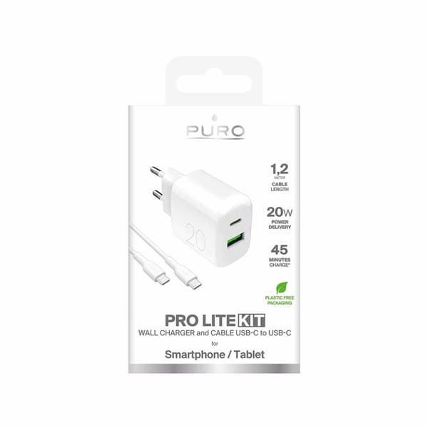 Puro Hurtigoplader 20W+USB-C - USB-C Kabel 1.2m Polite Vit