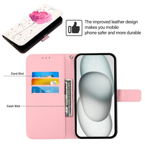 iPhone 16e Plånboksfodral Printing Pattern Med Rem - Flower Rosa
