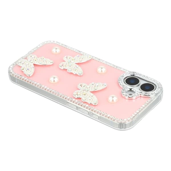Mobilskal till iPhone 17 Rhinestone Edge Pearl Butterfly Rosa