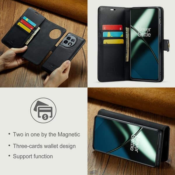 DG.MING OnePlus 11 5G Äkta Läder Plånboksfodral Detachable Magnetisk Svart