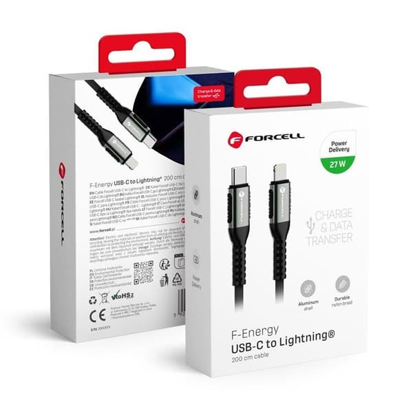 Forcell USB-C till Lightning Kabel 27W 2m PD 3A Cafule - Svart Black