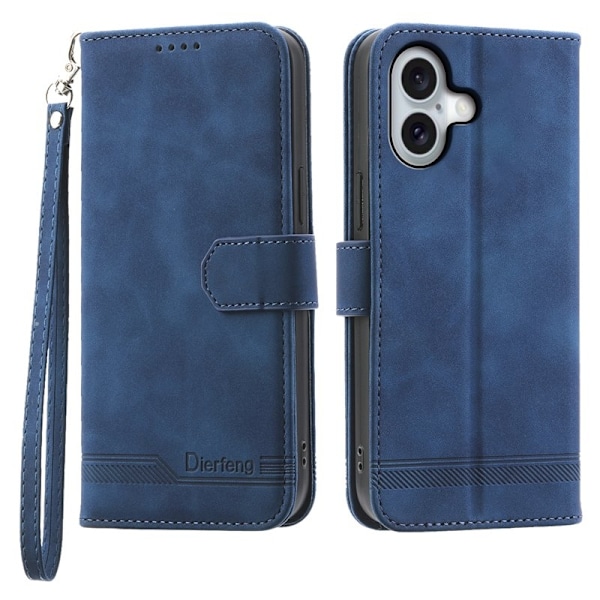 DIERFENG DF-03 Plånboksfodral för iPhone 16 Konstläder - Blå
