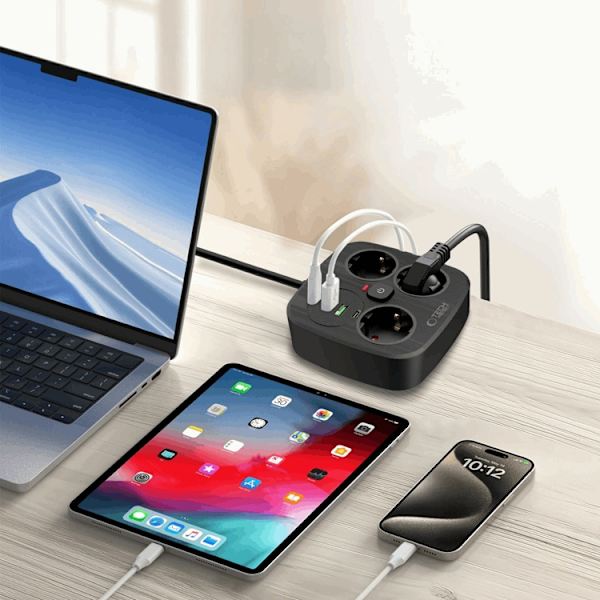 Tech-Protect Grenuttag PCS3X4 2 USB & 2 Typ-C & 3 Socket 2m Svart