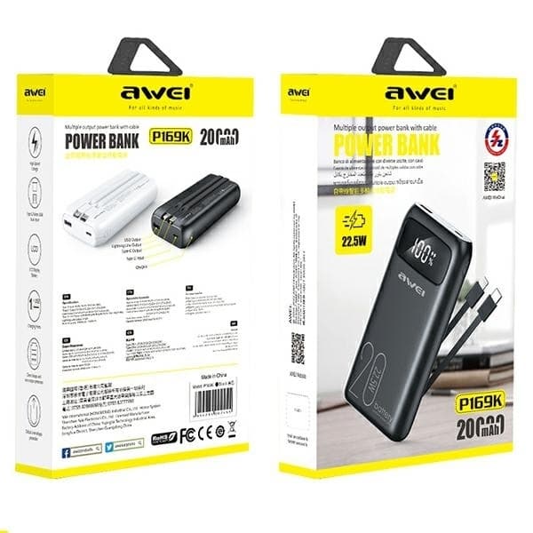 Awei Powerbank 20000mAh 22.5W m/USB-C/Lightning Kabel - Sort Black