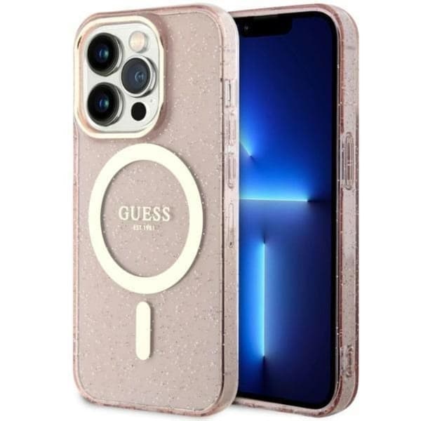 Guess iPhone 14 Pro Mobilskal MagSafe Glitter Guld - Rosa Rosa
