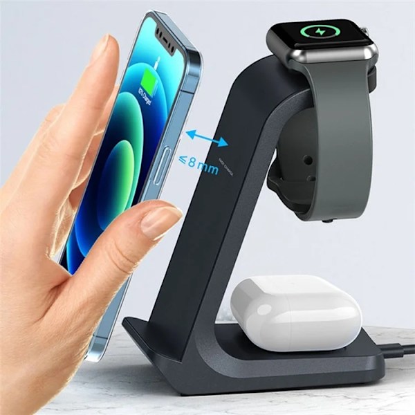 3-in-1 Trådlös laddare iPhone, Apple Watch, AirPods AK03 - Svart