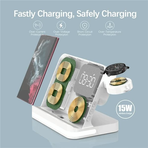 4-i-1 Trådløs Oplader 15W Til iPhone og Samsung Produkter Vit