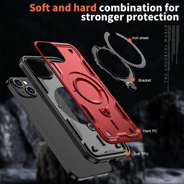 Mobilskal till iPhone 15 Plus Militärskydd Plast Kickstand - Röd