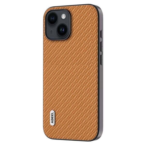 ABEEL Mobilskal till iPhone 15 Plus i Kolfiber PU Läder Ljusbrun