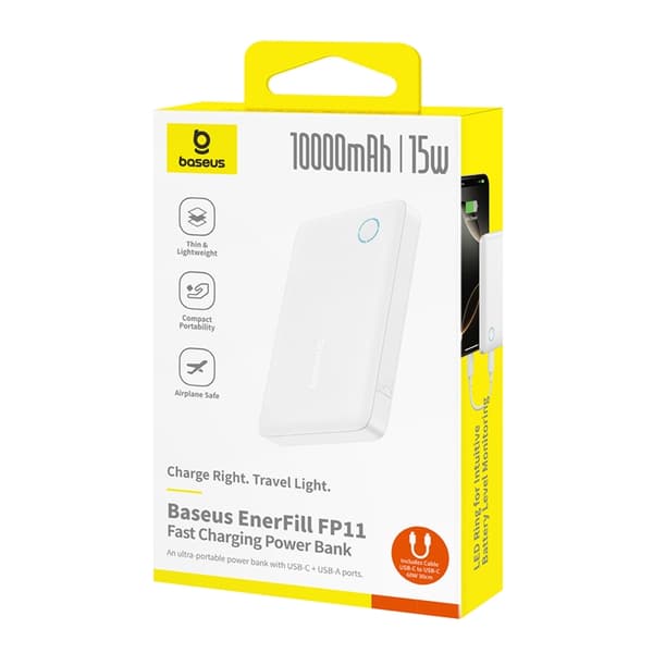 Baseus Powerbank 10000mAh 15W med USB-C Kabel 3m - Vit Vit